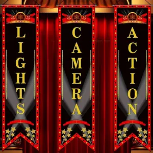 3pcs Movie Night Porch Sign Banner, Carpet Movie Theme Party Decorations, Theater Welcome, Lights Camera Action, Home Film Backdrop Supplies