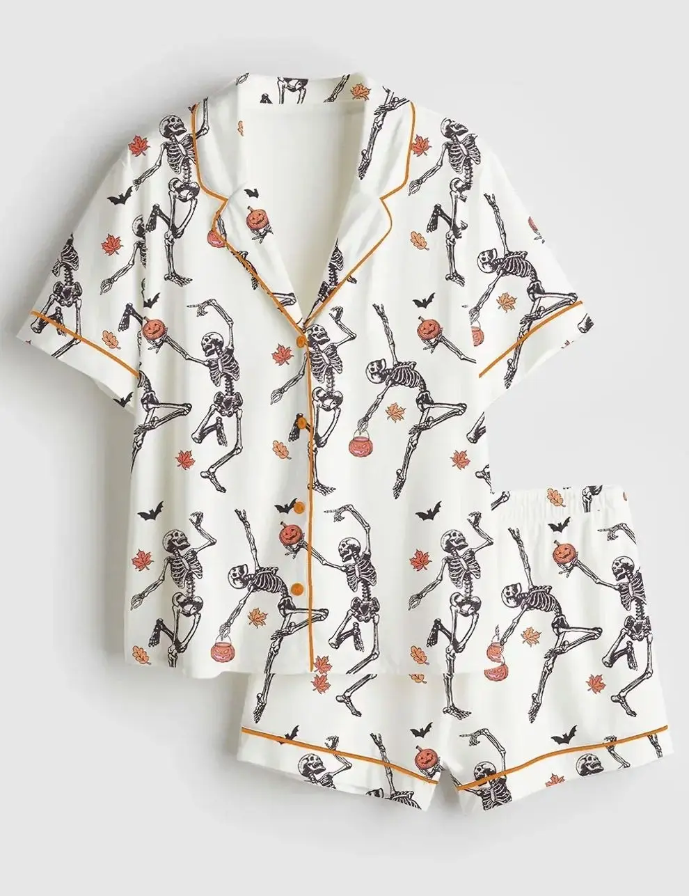 Women’s Dancing Skeleton Halloween Pumpkin Short & Long Sleeve Satin Pajama Set