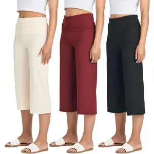 Real Essentials 3 Pack: Women's Ribbed Foldover Wide Leg Loose Capri Open Bottom Yoga Lounge Pants (Available in Plus)