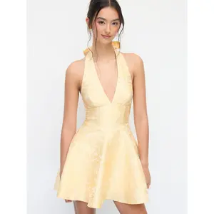 Cider Jacquard Halter V-neck Lace Up Backless Ruffle Mini Dress