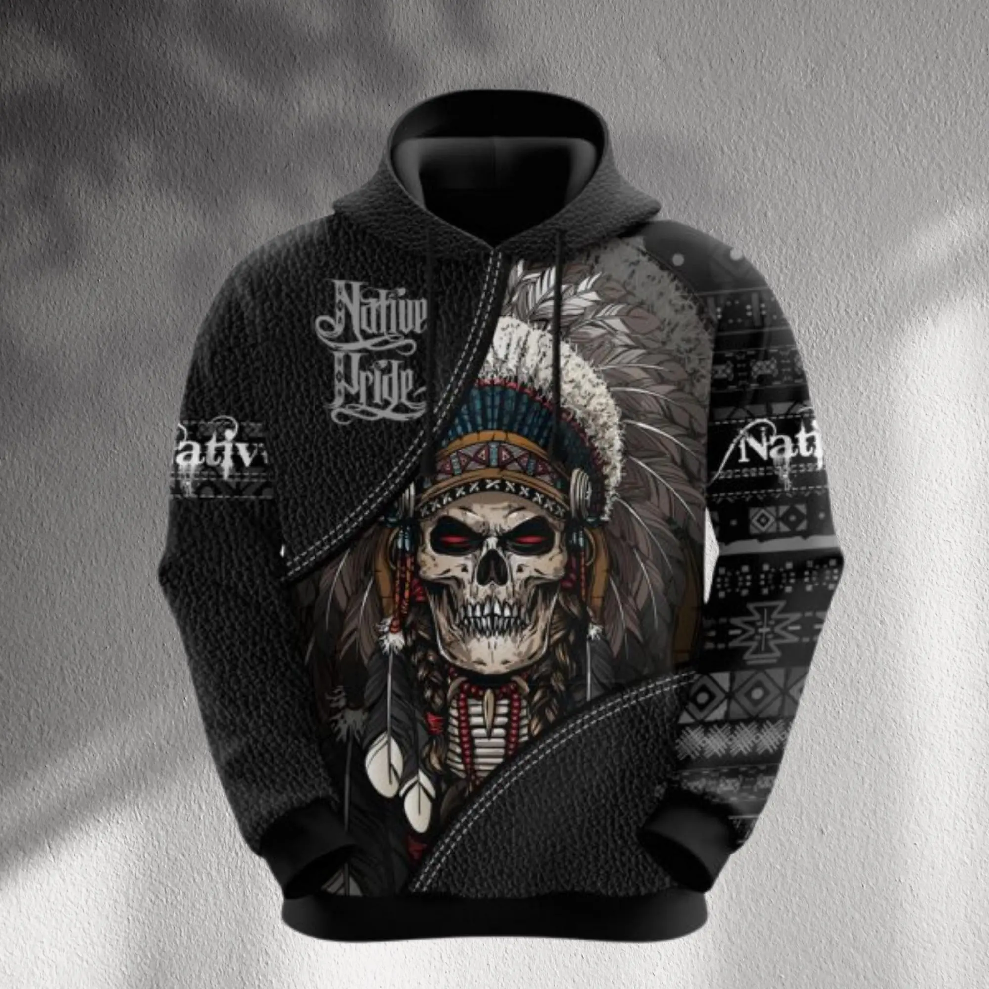 Native Pride Skull Hoodie – All Over Print Tribal Pattern with Feather Headdress, Gothic Streetwear Pullover, Unisex Warm Winter Gift