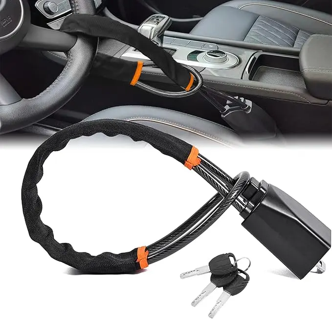 New Universal Car Steering Wheel Lock - Anti-Theft Vehicle Security Device, 17-in Steel-Reinforced Steel Cable, 3 Keys, Compact Roll-Up Fit for Most Cars, SUVs, Trucks (Steering Locks & Security Accessory)