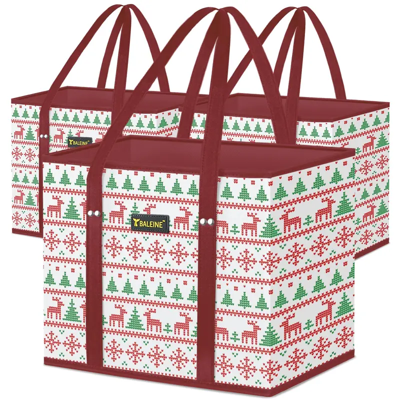 3Pk Reusable Grocery Sacks - Durable Shopping Bags for Groceries with Strong Bottom, Ergonomic Handles, Space Saving Compact Design, Giant Storage Tote Bags for Summer Home Supplies