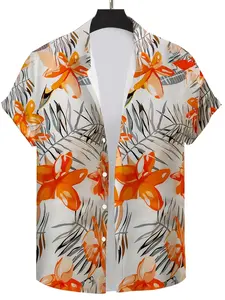 Men's lightweight breathable summer leaf print short-sleeve shirt - tropical floral pattern, white background with orange and green leaves, casual polyester fabric suitable for warm weather, cute summer top for Hawaiian vacation, summer casual shirt