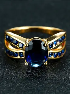 Luxury Female Synthetic Crystal Blue Stone Engagement Ring Charm Artificial Gemstone Ring Yellow Gold Color Zirconia Wedding Jewelry For Women