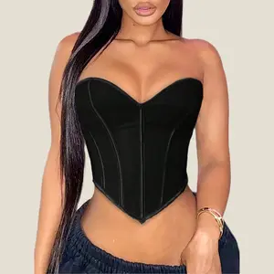 Rave Romantic Red Seam Decor Lace-Up Back Backless Hanky Hem Overbust Corset Bodyshaper Party Clubwear Crop Tube Top Edgy Sexy Music Festival Clothes Womenswear