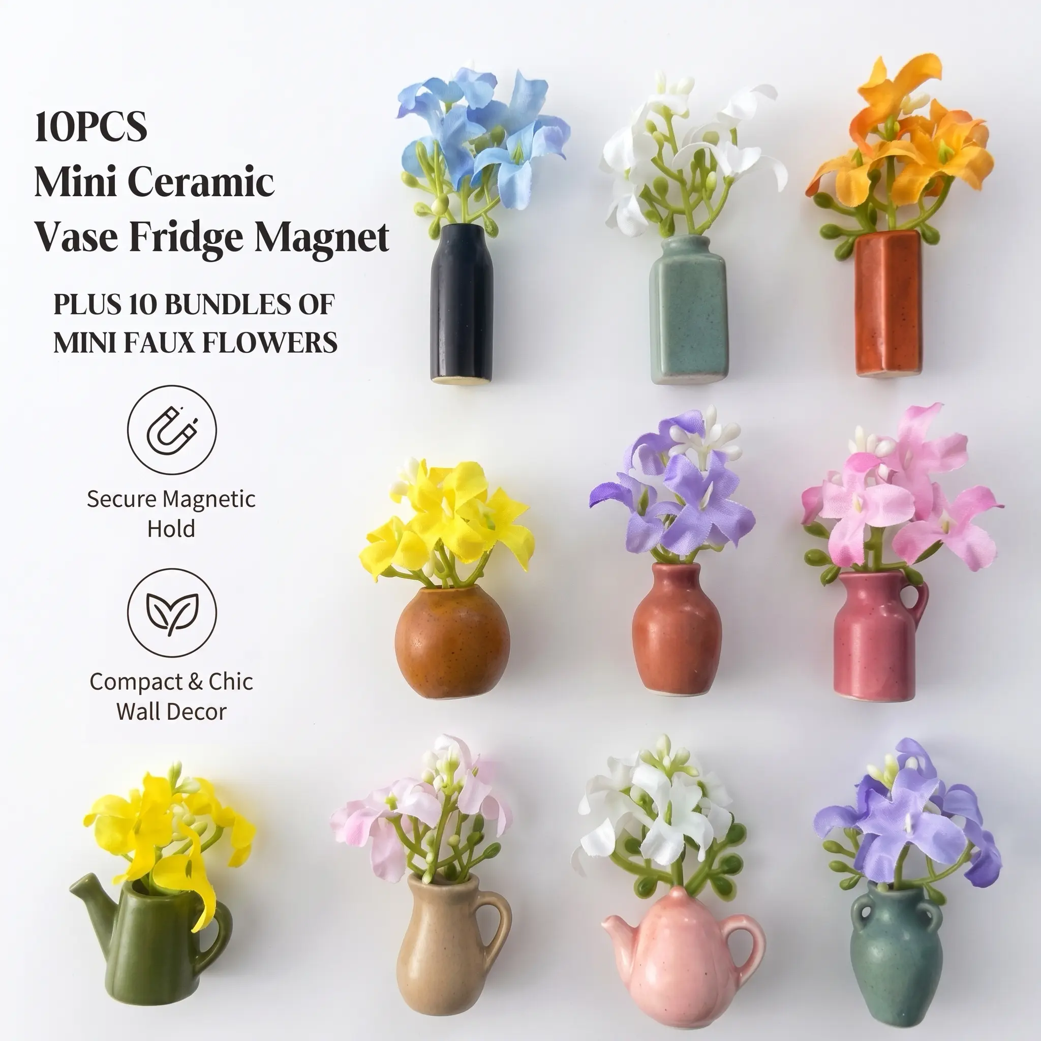 10PCS Mini Ceramic Vase Fridge Magnets,Funny Small Plant Magnets with Artificial Flowers for Refrigerator Office and Kitchen Cabinet Decoration