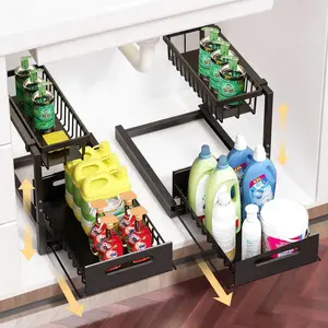 NUNET 2 Pack Under Sink Organizer, Height Adjustable Pull Out Cabinet Shelf, Heavy Duty Metal Sliding Drawer, Rust-Resistant Storage for Kitchen Bathroom Pantry, Fits Tall Bottles & Plumbing P-Traps