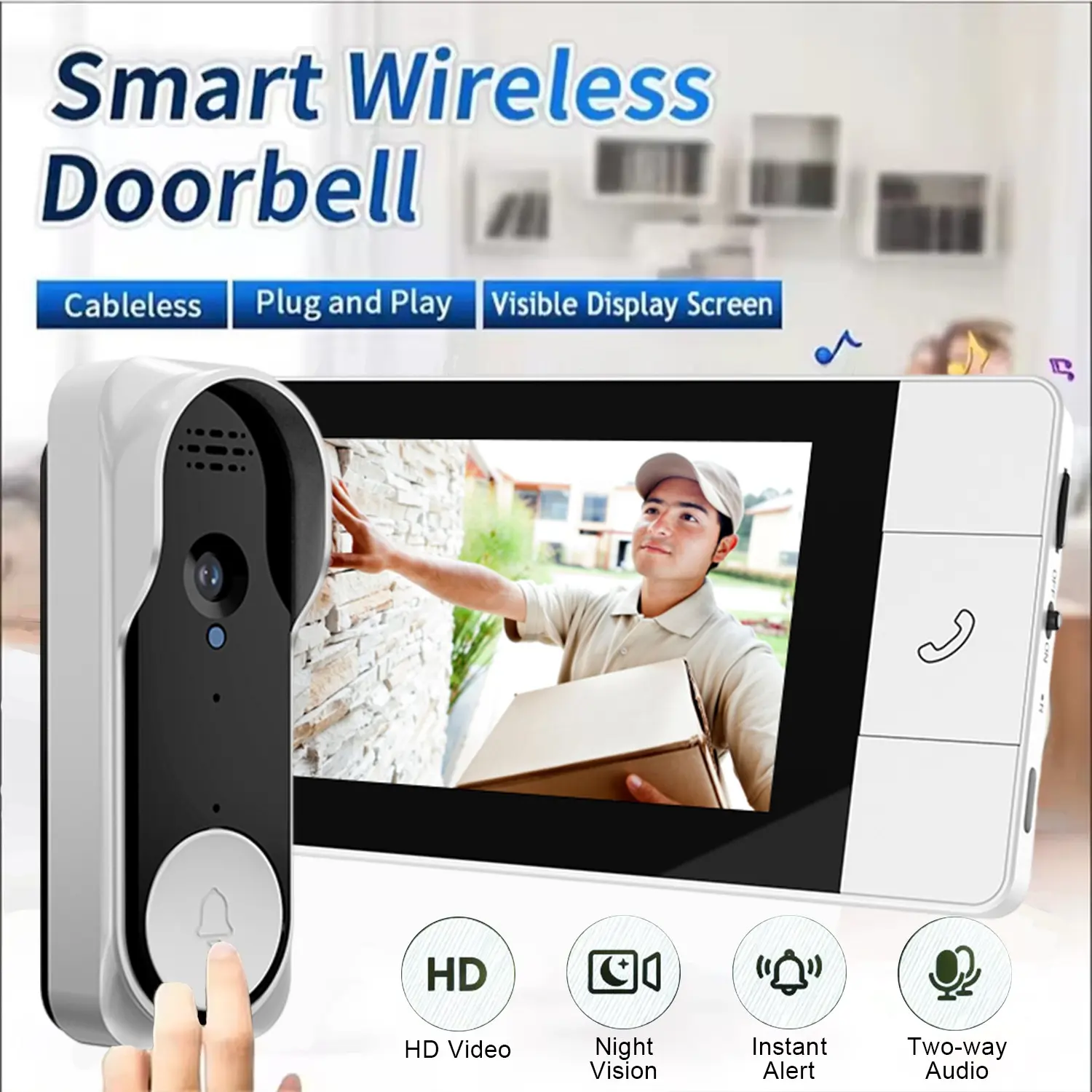 Wireless Video Doorbell with 4.3 Inch Color Screen, 2.4g Connection, Night Vision, Waterproof Ip66, Long Battery Life, No APP Needed