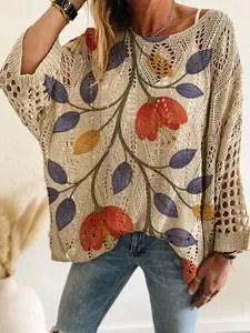 Spring Summer Women's Knit Top Knitwear, One Shoulder Hollow Out Batwing Sleeve, Colorblock Leaf Print Long Sleeve, Casual Elegance Commuter Wear