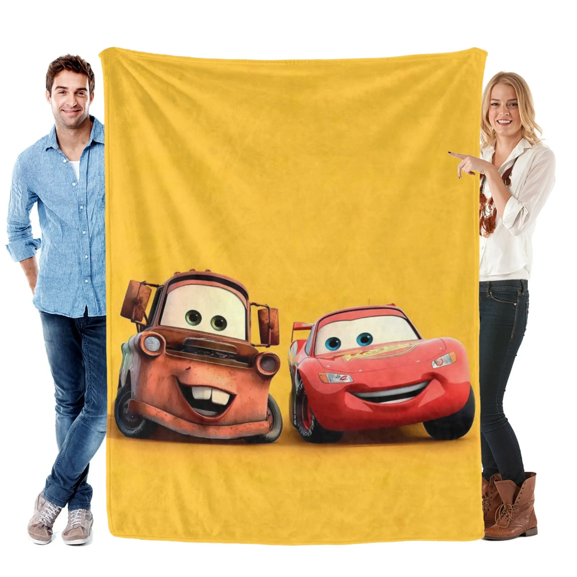 [SummerVibes] DISNEY CLASSIC Cars Mater & Lightning McQueen Flannel Blanket, Soft Cozy Yellow Throw for Home, Bedroom Decor & Couch