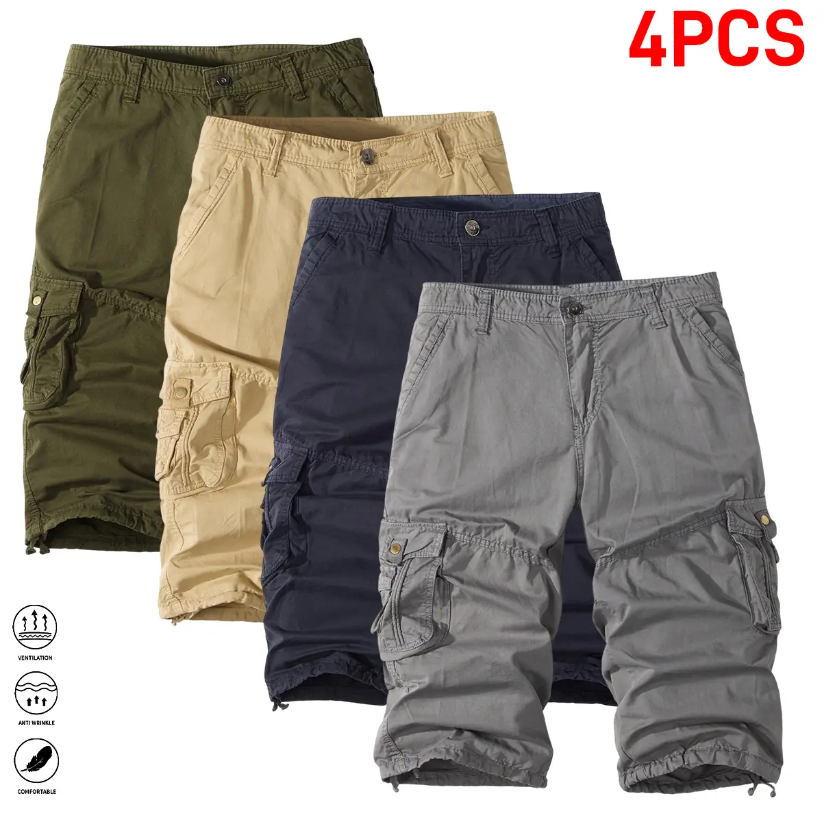 Men's Plain Casual 4-Piece Knee-Length Oversized Tactical Cargo Pants - Mid Waist, Soft Breathable Pure Cotton, Multi-Pockets, Loose Fit, Button Closure, Ideal for Camping & Hiking, Black Gray Khaki Army Green, Menswear Bottoms (Size S)
