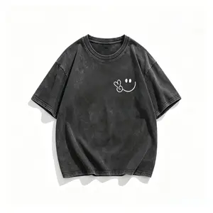 Vintage Washed Cotton Loose-Fit T-Hirt, Cute  Face And Heart Print, Women's Casual Treet Tyle Hort-Leeve Top, Wrinkle-Resistant Washed Cotton T-Hirt Vintage Tyle