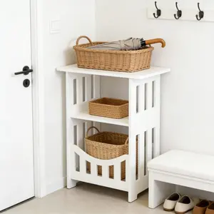 pure white minimalist storage table, a multi-functional space-saving storage cabinet with slatted shelves and open compartments, mainly features storage under the coffee table, can be flexibly used as a bedside table, Nightstand, or a night table