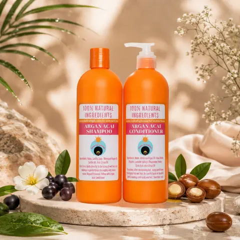 Sunny In Denbigh Argan Acai Bundle Complete Hair Care Set Strengthens Nourishes Reduces Breakage Shedding 2-Piece Set Conditioner Haircare with Vitamin E - Botanical Silk Shampoo