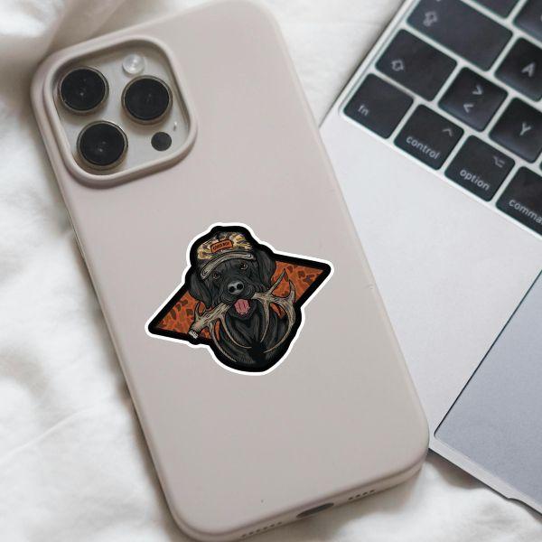 Hunting Dog Sticker with Antlers, Camo Hat Good Boy Decal, Retriever Hunting Vinyl Sticker for Trucks, Coolers, Laptops, Outdoorsman Gift, Deer Hunter Accessories