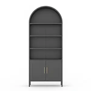 Modern Farmhouse Display Bookshelf with Adjustable Shelves, 5-Tier Metal Arched Cabinet, Kitchen Pantry Cabinet, Modern Farmhouse 73" Tall Black Metal Arched Storage Cabinet
