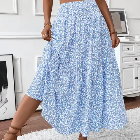 Women's Ditsy Floral Print A Line Ruffled Hem Skirt, Boho Hippie Bohemian Fashion Casual Floral Printed Skirt for Daily Holiday Vacation Wear, Ladies Bottoms for Summer