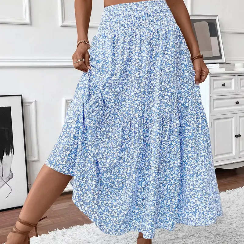 Women's Ditsy Floral Print A Line Ruffled Hem Skirt, Boho Hippie Bohemian Fashion Casual Floral Printed Skirt for Daily Holiday Vacation Wear, Ladies Bottoms for Summer