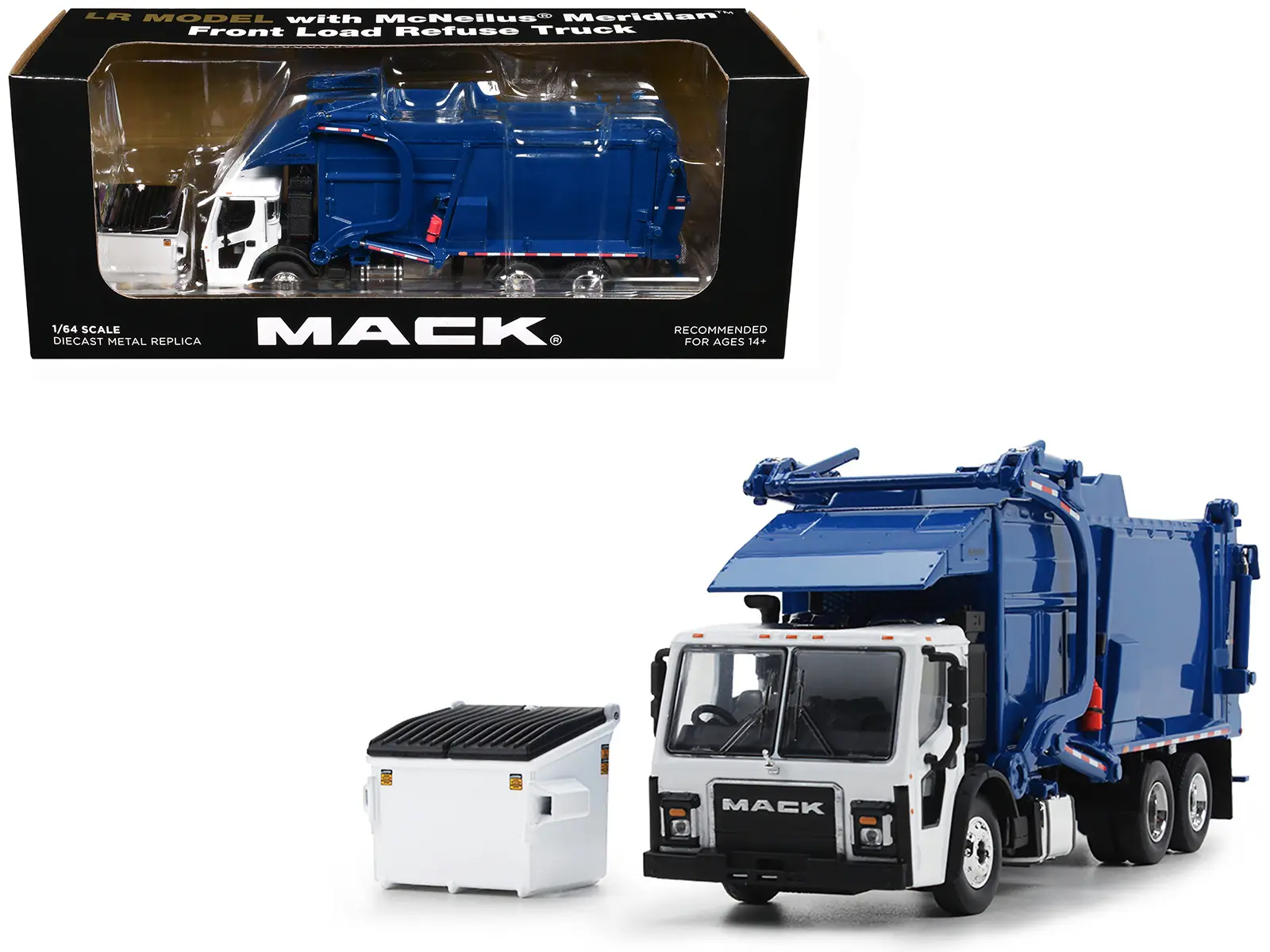 Mack LR Refuse Garbage Truck with McNeilus Meridian Front Loader White & Blue w/Trash Bin 1/64 Diecast Model by DCP/First Gear