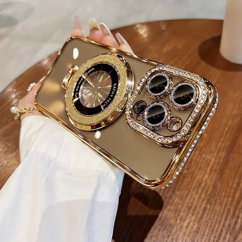 Women's Luxurious Electroplated Glitter Magnetic Bracket Mobile Phone Cases, High-End Shiny Accessories for Women, Compatible with iPhone 12/13/14/15/16 (Including 14 Models & 15 Pro Max)