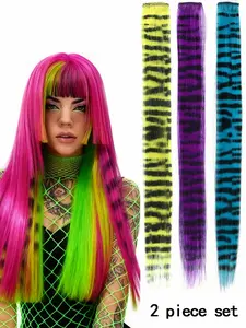 2-Piece Leopard Print Hair Extensions Clip-in Hair Extensions Colorful Long Straight Clip-in Hair Extensions with Striped Print Perfect for Daily Wear, Parties, Halloween Celebrations Multi-Color Hair Extensions Y2K Street Style Synthetic Soft Hairpieces