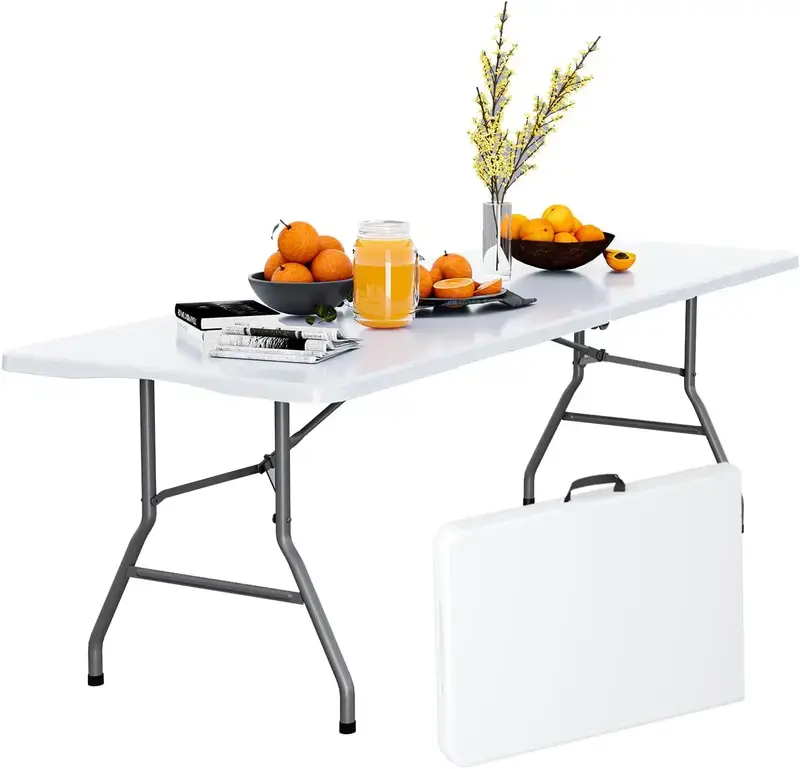 White 4FT/6FT Rectangular HDPE Top Plastic Folding Tables - Portable, Easy Setup Indoor/Outdoor Table with Built-in Handle, Steel Legs for Party, Camping Use