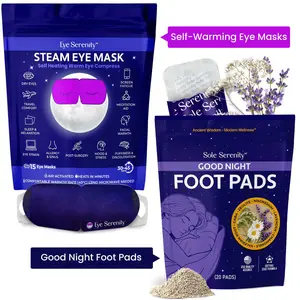 Sole Serenity Good Night Foot Pads plus Eye Serenity Self-Heating Eye Mask Warm Steam Eye Compress Bundle for Relaxation, Dry & Puffy Eyes (2 Pack, 1 of Each)