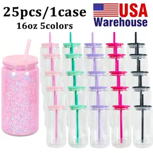 25packs Sublimation 16oz Glass Snow Globe Cups -  Transparent Glass Cups with Color PP Lids - Everyday Use - Home & Office & Festive Gifts-Outdoor and Festive Gifts.