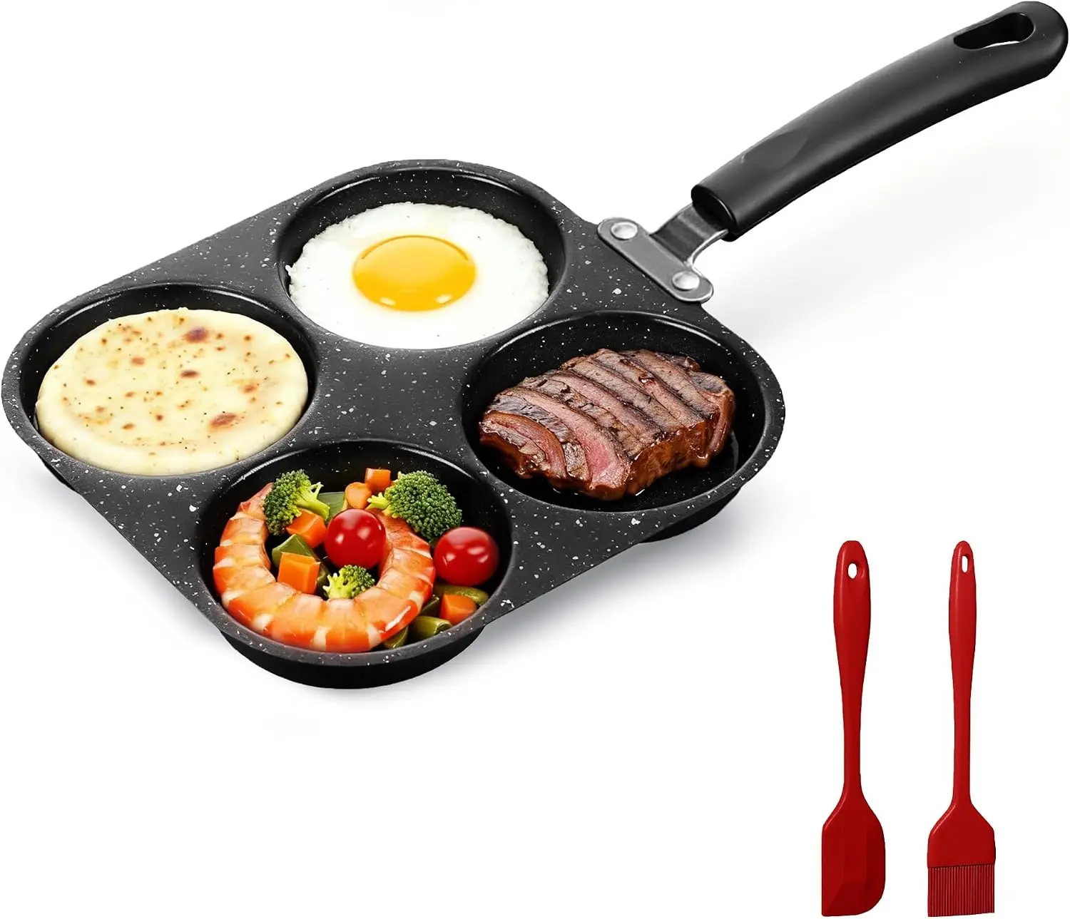 4-Cup Nonstick Egg Frying Pan | Granite Breakfast Skillet with Silicone Spatula & Oil Brush | Egg, Pancake & Omelette Pan for Gas & Induction