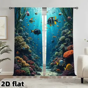 2-piece set of underwater coral reef curtains, featuring a semi transparent polyester design with a tropical fish pattern pole bag. The nautical theme is suitable for decorating living rooms, bedrooms, bathrooms, kitchens, windows, and marine life decorat