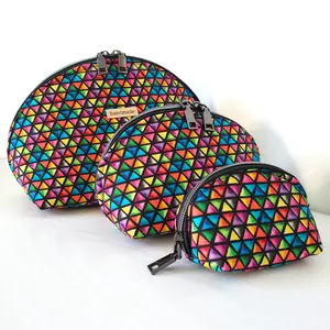 Micki Fashion + Colorful Triangles Clam Shell Cosmetic Bag Set + Make-up Bags Set of 3 Different Sizes