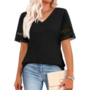 Women's summer top, casual shirt, V-neck short-sleeve shirt, fashionable clothing, with a curved hem and flowing design.