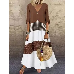 Elegant Color-Block Long Dress with Button Decorations, V-Neck, Three-Quarter Sleeve, and Polka Dot Print - Versatile Casual for All Seasons, Adult, Wear|Vneck Dress|Polyester Fabric