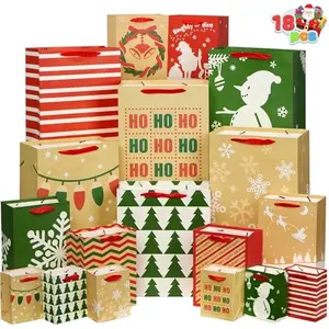 JOYIN 18 PCS Christmas Bags Assorted Sizes Kraft Treat Candy Bags (Small 5.5 Medium 9 Large 13) for Xmas Party Favors Decoration, Holiday Present Wrapping, Thanksgiving Gift Decor