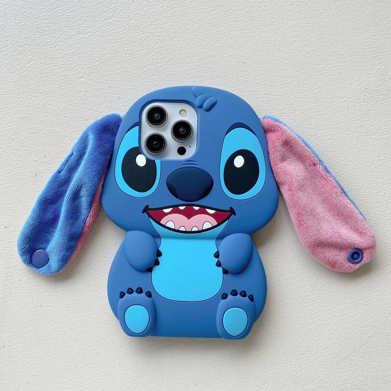 Disney 3D Stitch Plush Ears Phone Case with Carrying Handle for Kids Cute Character Design Protective Cover Soft Plush Material Easy to Use