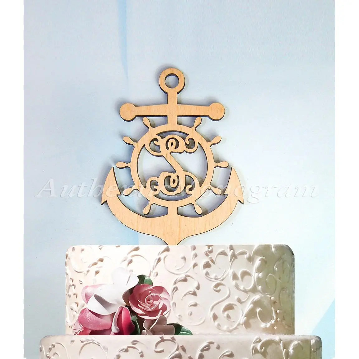 Wedding Cake Topper - A - Z  Initial Wooden Anchor, Anchor Cake Topper, Birthday, Captains wheel, Nautical, Natural Wood