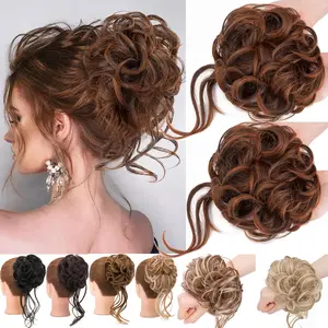 Messy Bun Hair Piece Tousled Updo with Tendrils Wavy Curly Hair Bun Scrunchies Ponytail Extension Elastic Band Hairpieces Synthetic Chignon For Women Adjustable
