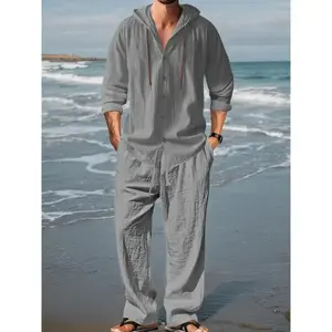 Men's Linen Two-Piece Set - Hooded Shirt & Drawstring Pants, Loose Ethnic Style for Beach Vacation Clothes Long Sleeve Menswear Garment Polyester
