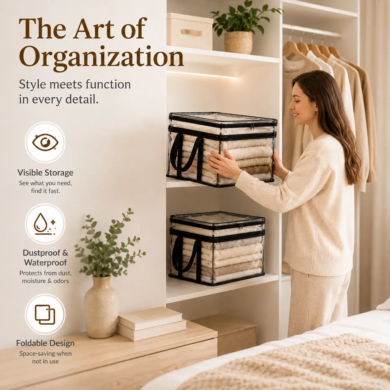 PVC Transparent Collapsible Dust-Proof Single Storage Bin, Cube Shape, Medium/Large Capacity Home Organizer with Reinforced Dual Handles for Clothes, Books, Ideal for Bedroom