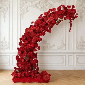 Silk Floral Backdrop for 6.5ft Half Crescent Wedding Arch – Foam-Backed Artificial Flower Arch in Red with Roses, Hydrangeas & Chrysanthemums