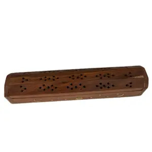 Soporte para quemador de incienso de madera con compartimento de almacenamiento, colector de cenizas con diseño de sol, luna y estrellas.