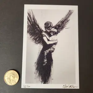 4x6 Angel and Child Fine Art Print Numbered Mini Emotional Charcoal Artwork Hand Signed LE 1/100 Premium 18pt Cardstock