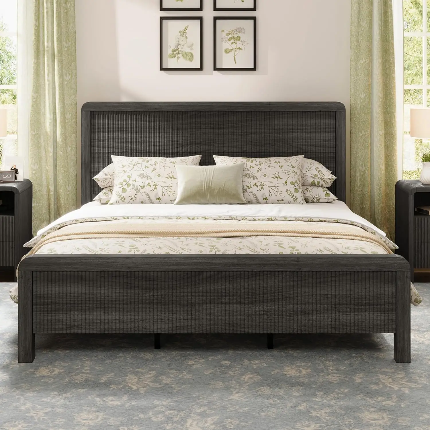 [SummerWins] [SummerFinds] ALBOTT Wood Bed Frame with Headboard & Footboard, Modern Fluted Wooden Platform Bed Frame with Rounded Safety Edges, Wood Slat Support, No Box Spring Needed, Easy Assembly