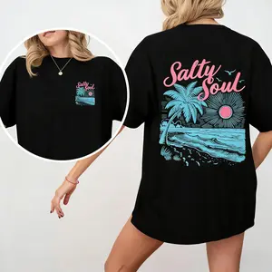 Women's  Salty Soul Graphic T-Shirt - Short Sleeve, Smooth, Essential, Simple, Comfortable, Plain, Front and Back Print, Beach-Sunset-Palm Tree Summer Casual Women's Tops