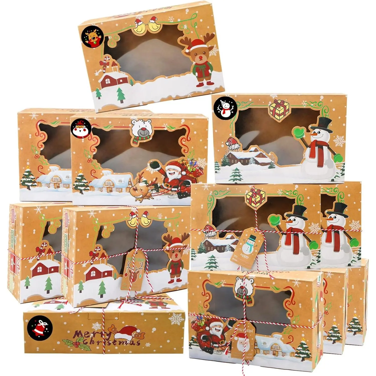 12-Piece Christmas Cookie Gift Box (with Window Design) Christmas Baking Gift Box / Dessert Gift Box / Pastry Gift Box Suitable for pastries, cupcakes, brownies, etc. Brown Kraft Paper Baking Gift Box Dimensions: 8.75 x 5.75 x 2.75 inches
