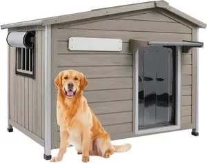 40.2" L Large Dog House Outdoor & Indoor,Fir Wood Dog Kennel with Weatherproof Openable Asphalt Roof,Spacious Doghouse with Anti-Chewing Metal Edges for Small & Medium & Large Dogs,Grey