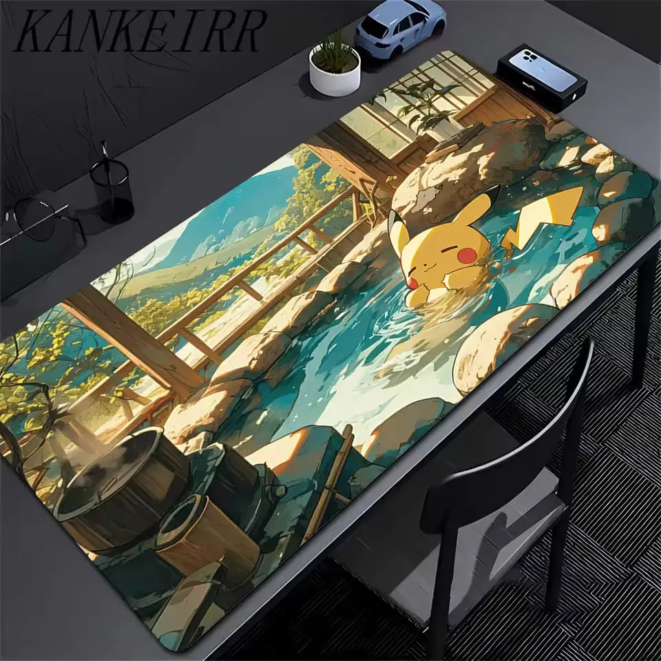 Pokémon TCG Hot Springs Pikachu Extended Desk Mat - 300mm x 700mm Anime Illustration Mouse Pad, High Detail Print, Silk-Smooth Texture, Anti-Slip, Durable, Surface Protection, Aesthetic Office Supplies, Fun Desk Accessories