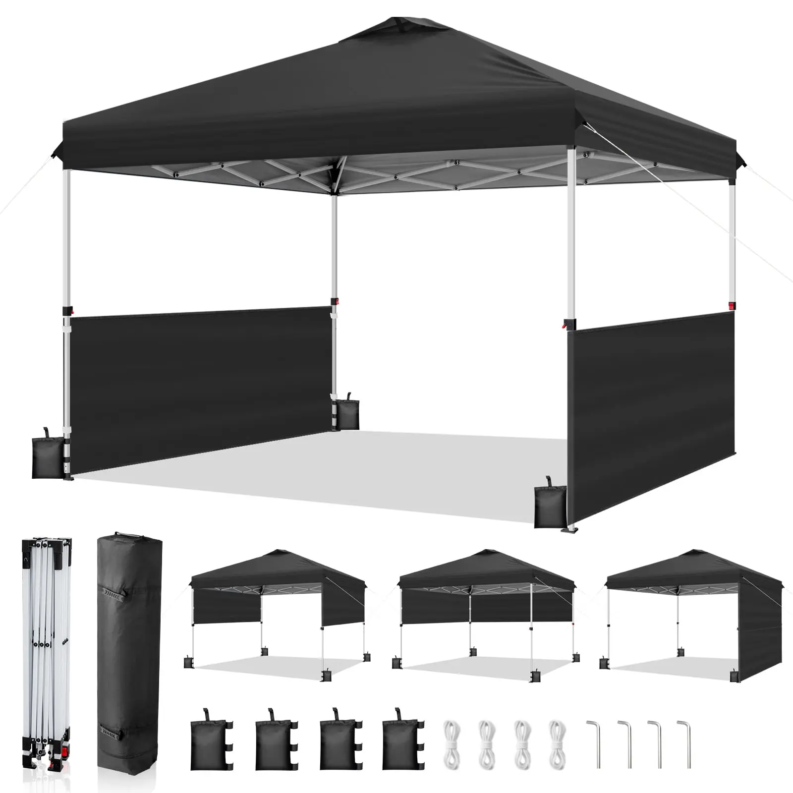 Ktaxon 10x10 Ez Pop Up Canopy Tent,Outdoor Sun Shade Shelter,Outdoor Gazebo,One Push Setup with 2 Half Sidewalls,1 Roller Bag,4 Sandbags,UPF50+ - Black