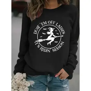 Women’s casual Halloween witch print pullover, soft long sleeves, crew neck, comfortable and well-fitting for year-round wear GARMENTARY